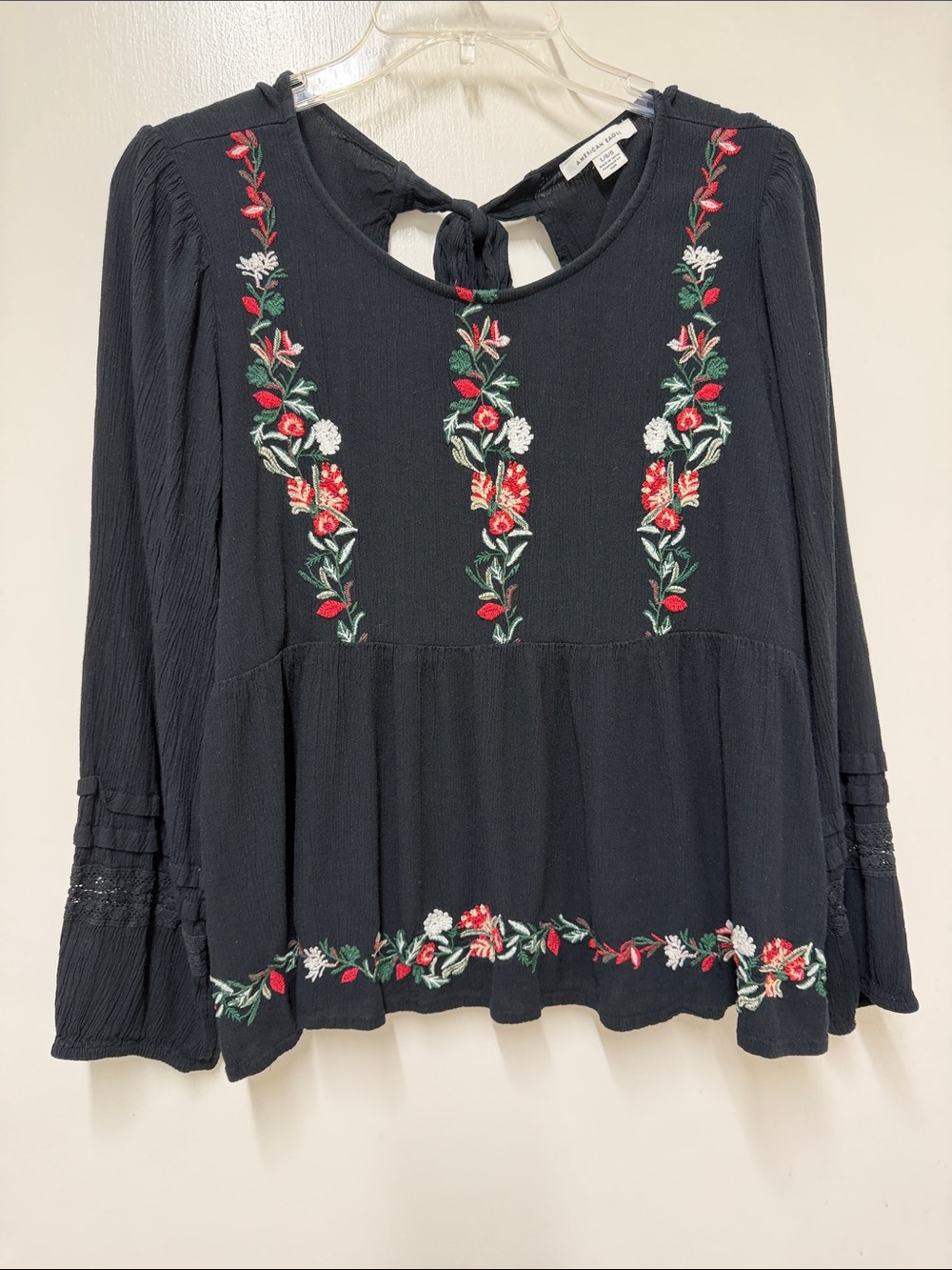 American Eagle Embroidered Floral Black Peasant Blouse -